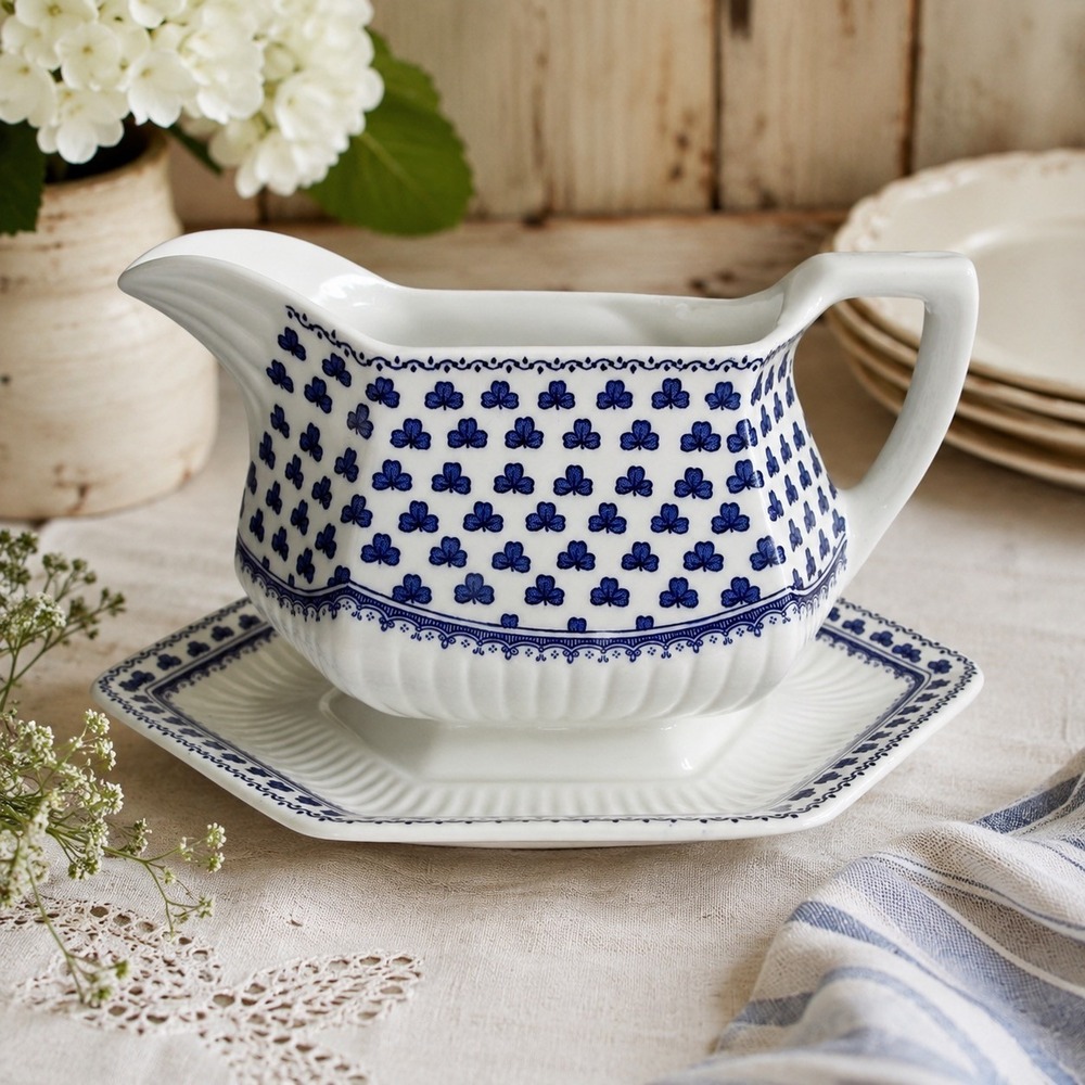 Vintage Adams Brentwood 3175 Ironstone Gravy Boat Tray England Blue White‎ Decor